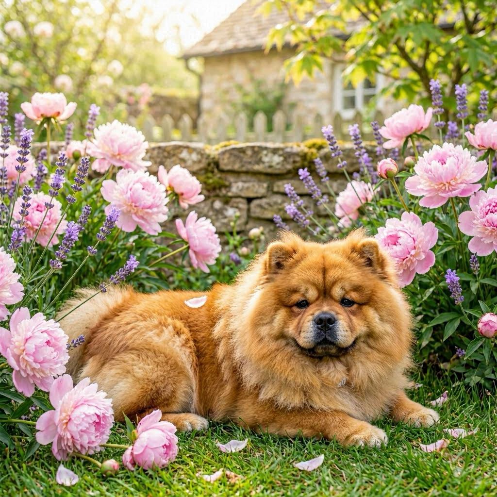 A gentle chow chow dog with a plush amber coat lying among blooming peonies and lavender, soft pastel colors surrounding it, diffused spring sunlight, dreamy shallow focus using a 100mm macro lens to highlight fur texture and floral details.