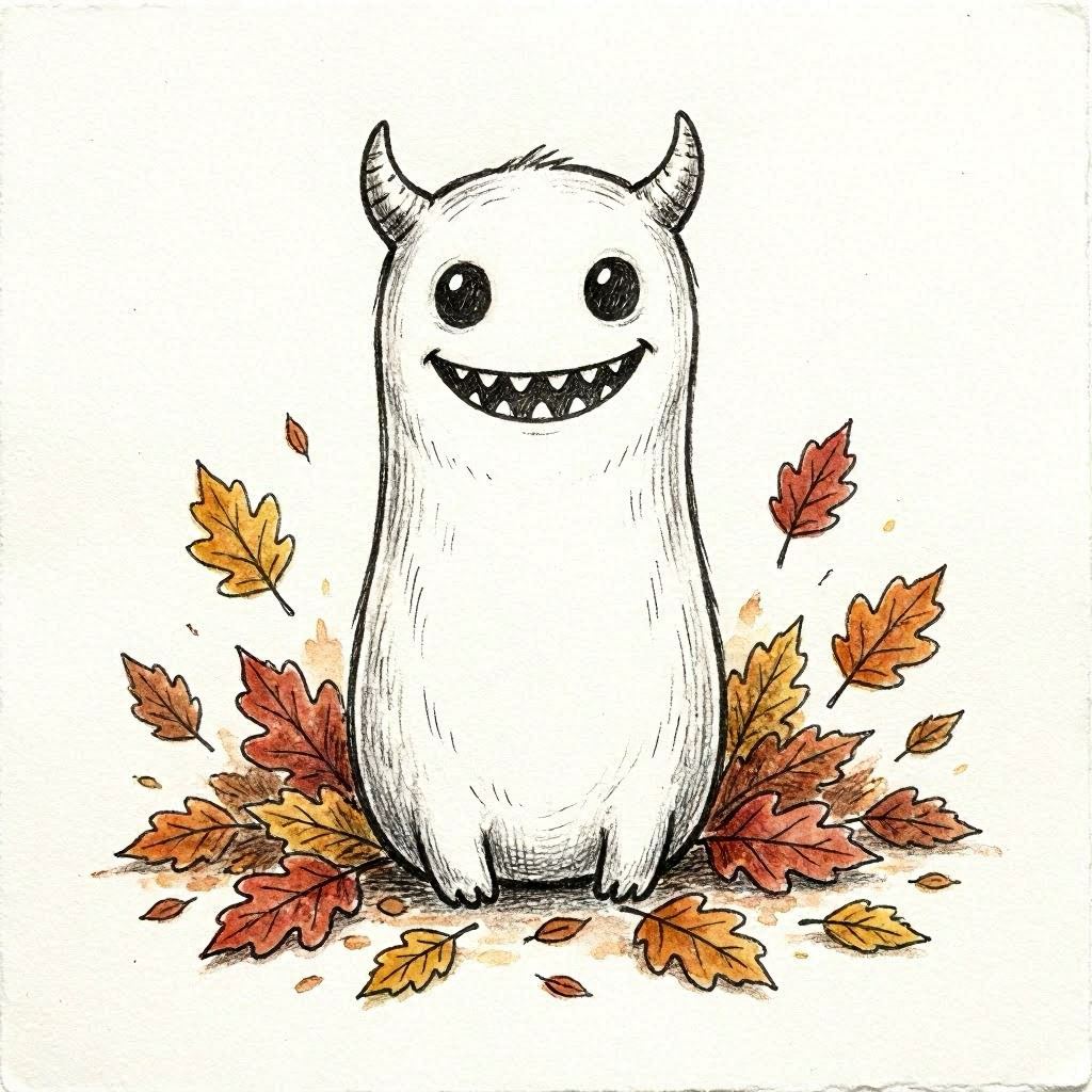 A whimsical fall monster with a white elongated body, large glossy black eyes, and a wide toothy grin, two tiny curved horns atop its head, surrounded by scattered autumn leaves on a textured paper background, hand-drawn ink sketch style, warm earthy tones, soft diffused lighting, captured in high-resolution scan for crisp line detail.
